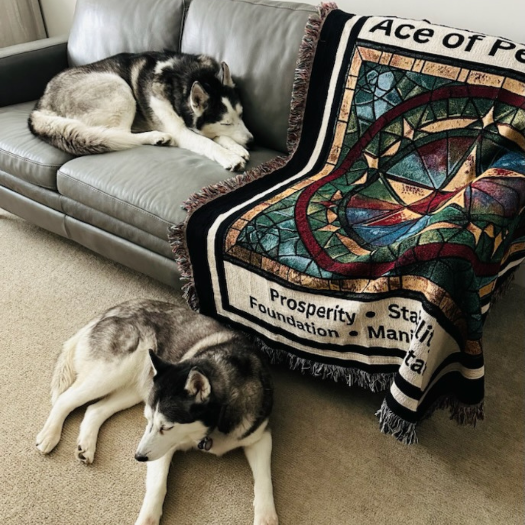 Ace of Pentacles on sofa with two huskies mister obtuse eclectic goods