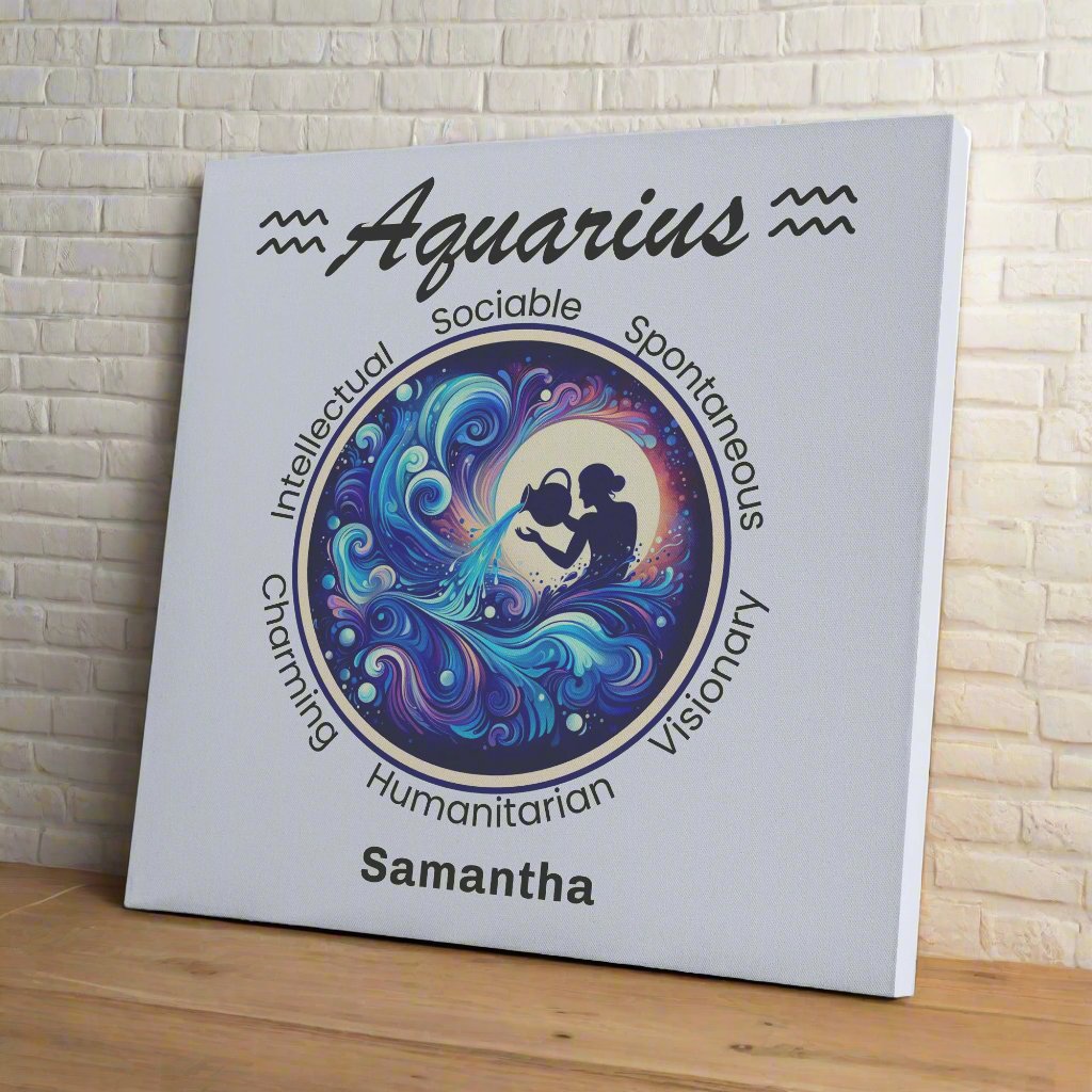 Aquarius celestial vision personalized canvas on wooden shelf with white brick wall mister obtuse eclectic goods