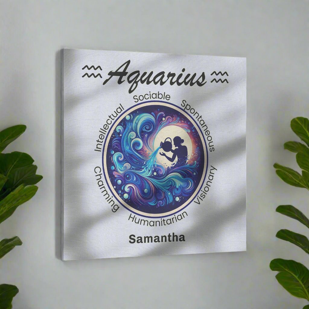Aquarius Celestial Vision Personalized Square Canvas Wrap on light grey wall surrounded by plants mister obtuse eclectic goods