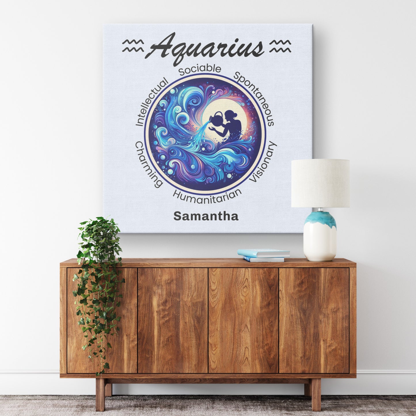 Aquarius Celestial Vision Personalized Square Canvas Wrap on wall above cabinet mister obtuse eclectic goods