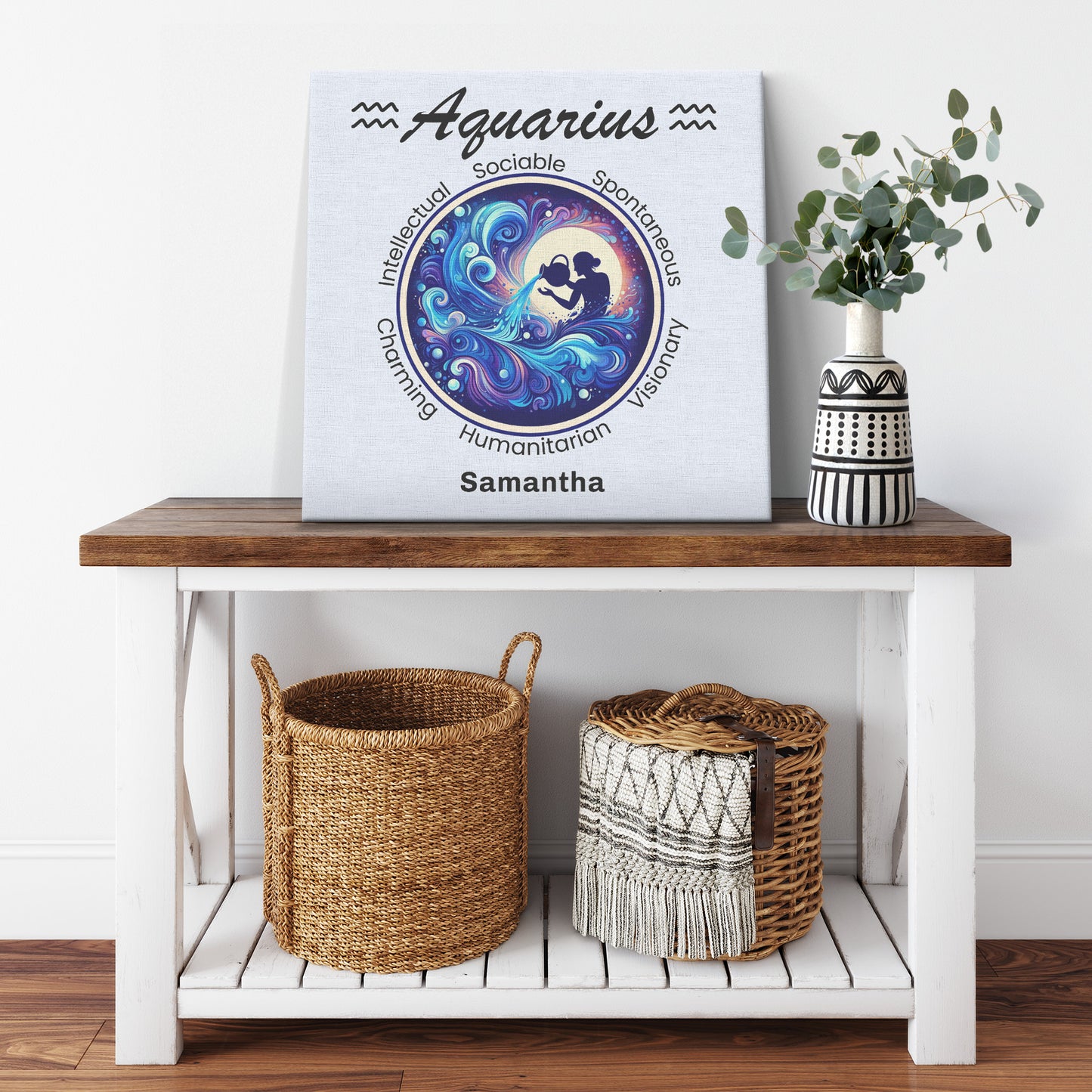 Aquarius Celestial Vision Personalized Square Canvas Wrap on cabinet shelf with plant mister obtuse eclectic goods