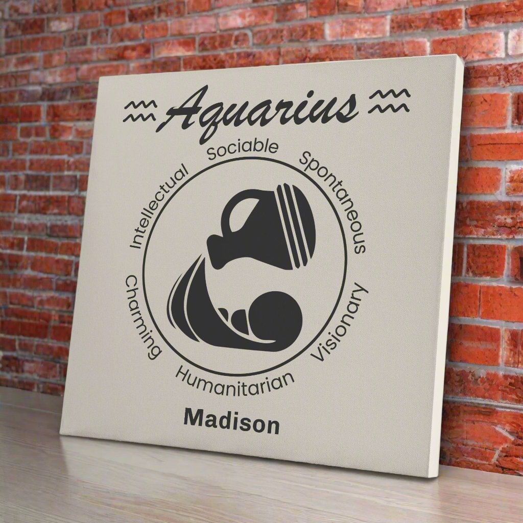 Aquarius Minimalist personalized canvas on wooden shelf with red brick wall mister obtuse eclectic goods