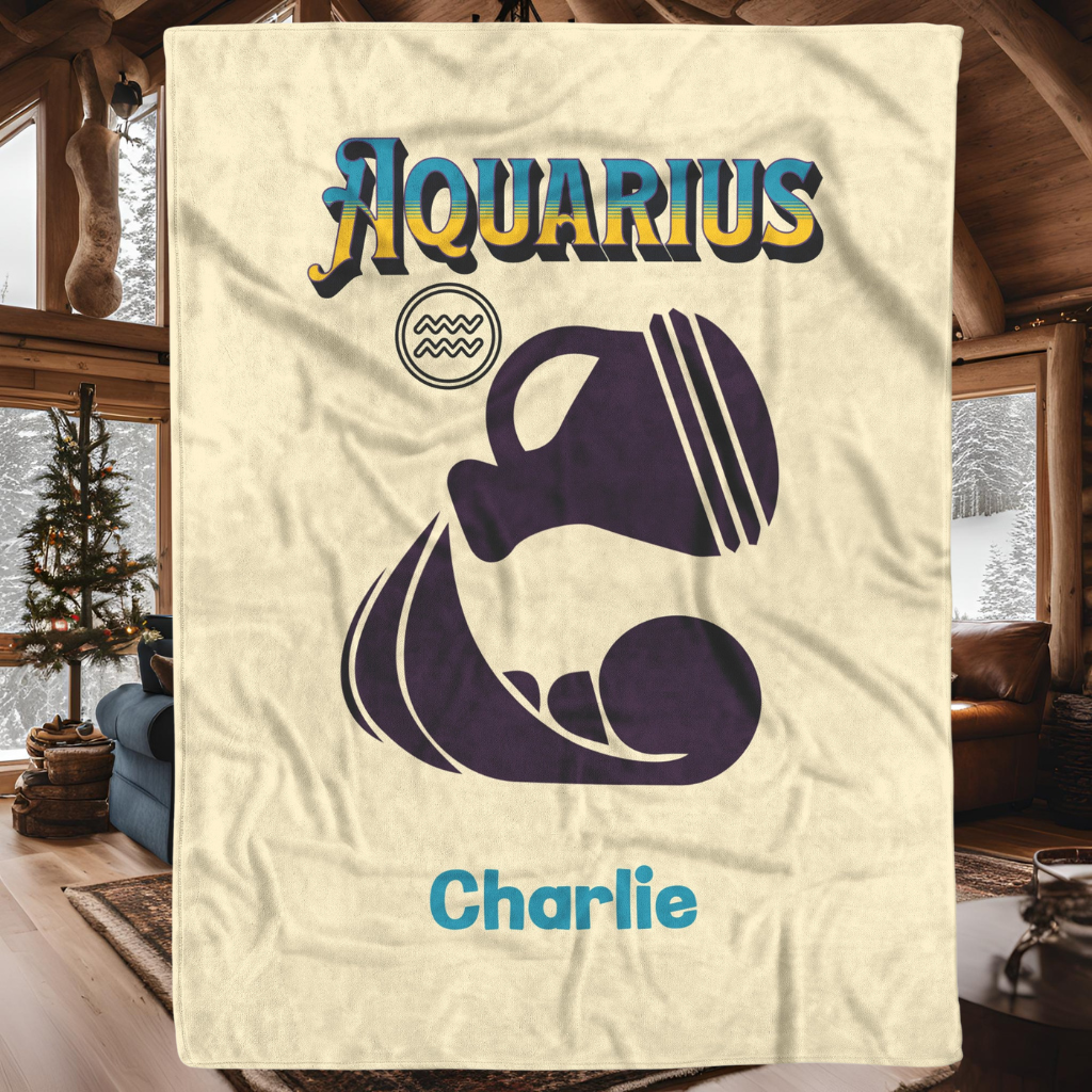 Aquarius Minimalist Personalized Fleece or Sherpa Blanket in a log cabin setting Mister Obtuse Eclectic Goods