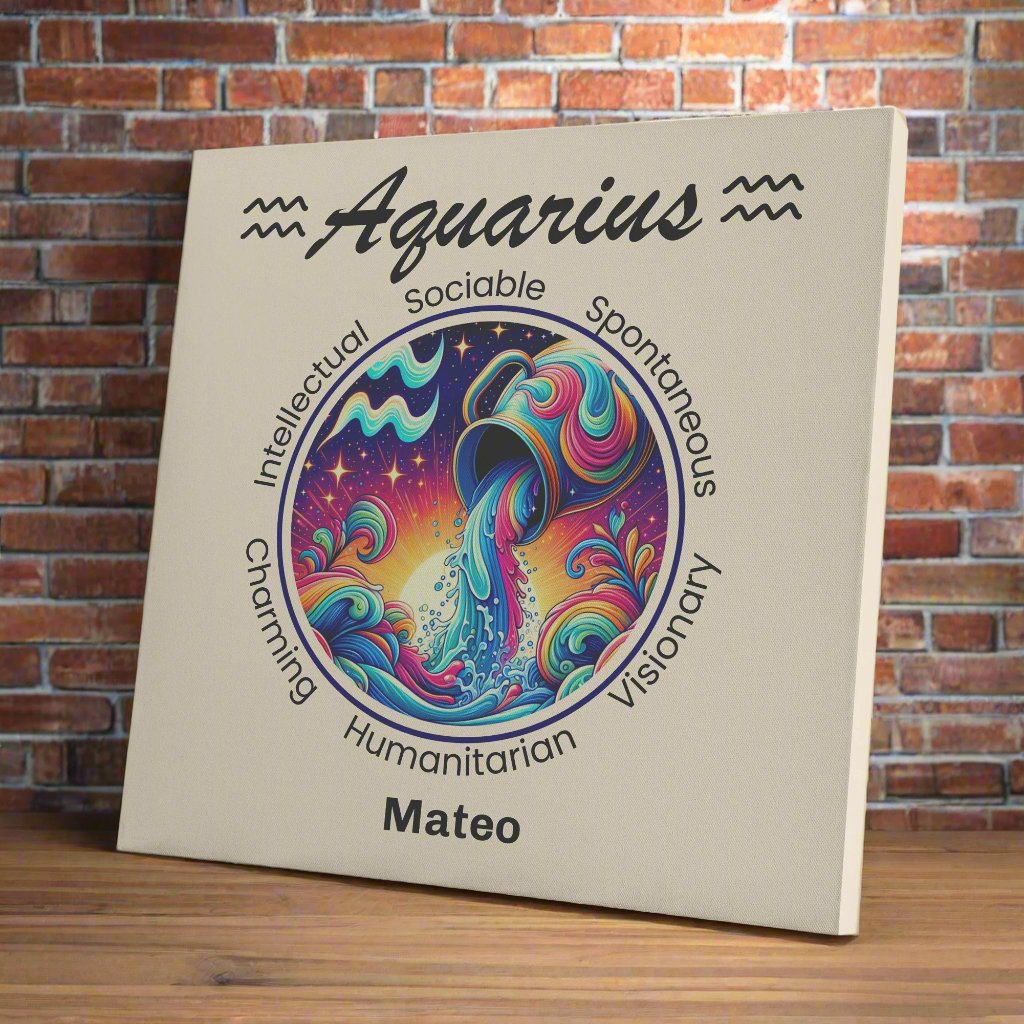 Aquarius vibrant flow personalized canvas on wooden shelf with red brick wall mister obtuse eclectic goods