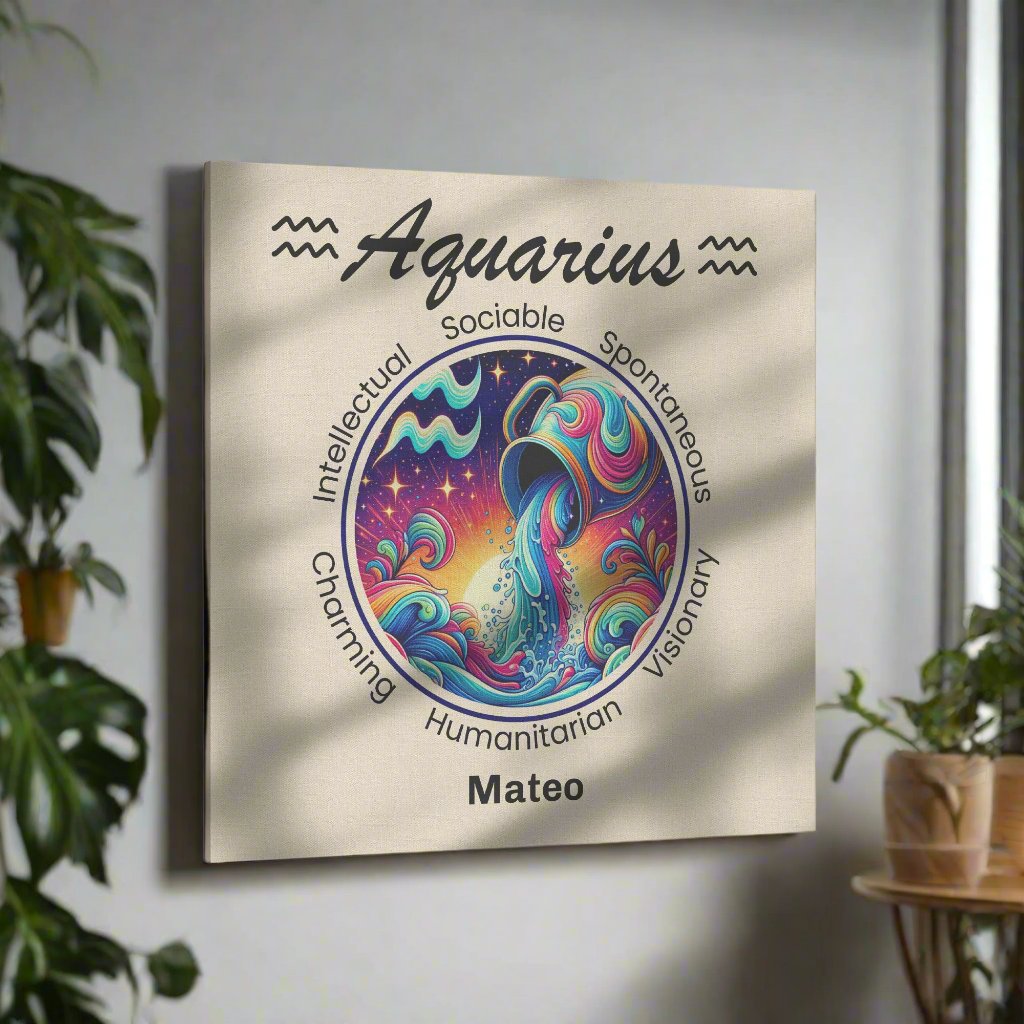 Aquarius Vibrant Flow Personalized Square Canvas Wrap on wall next to window surrounded by plants mister obtuse eclectic goods