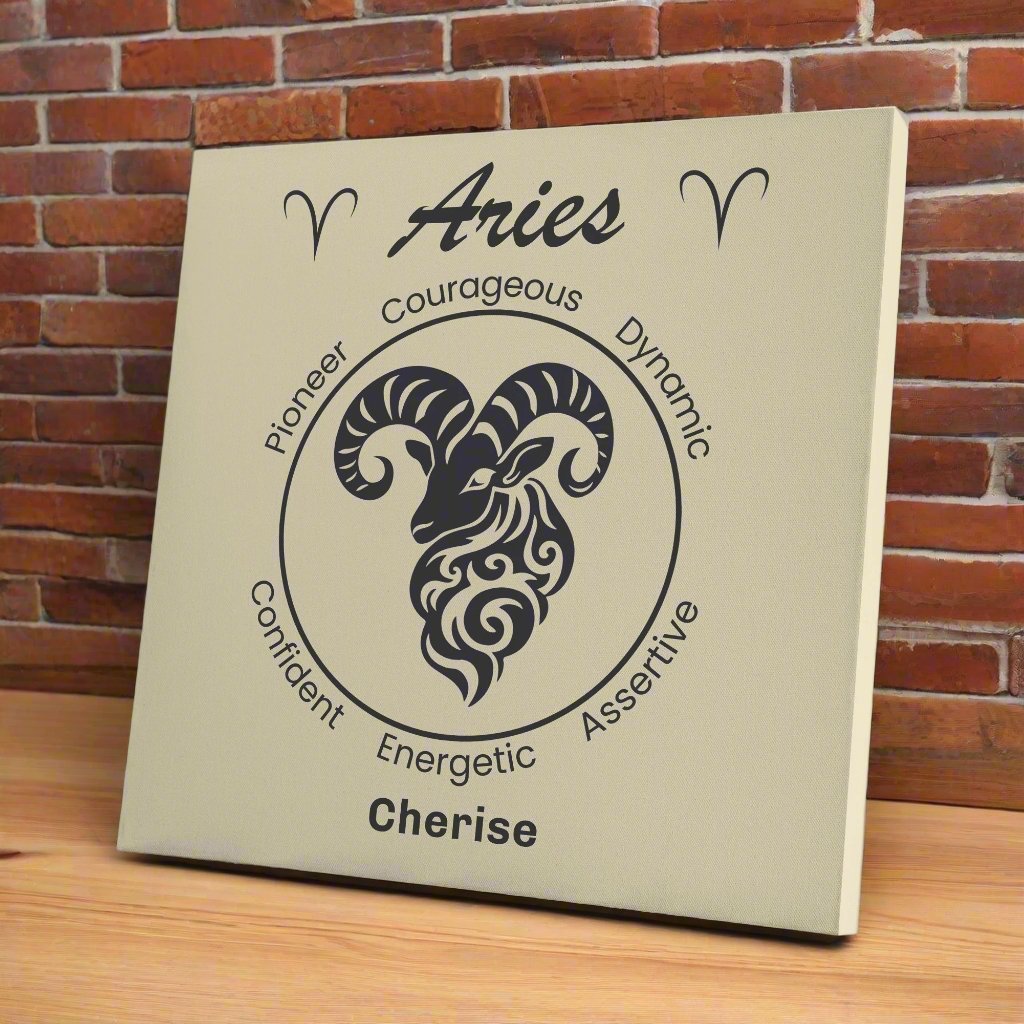 Aries Minimalist personalized canvas on wooden shelf with brown brick wall mister obtuse eclectic goods