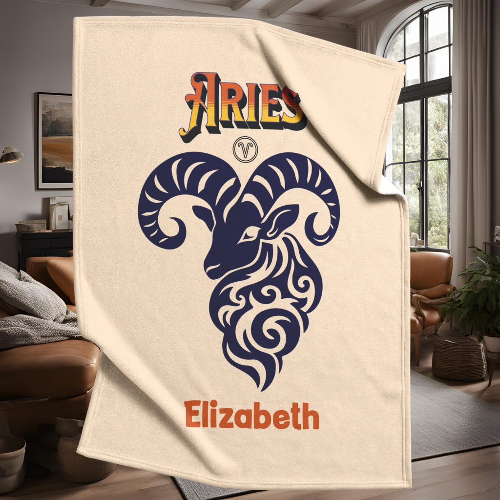Aries Minimalist Personalized Fleece or Sherpa Blanket in living room setting Mister Obtuse Eclectic Goods