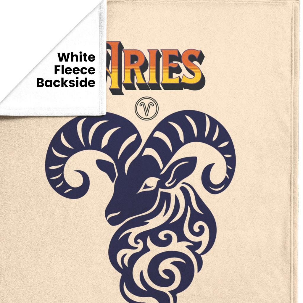 Aries Minimalist Personalized Fleece or Sherpa Blanket showing white fleece backside Mister Obtuse Eclectic Goods