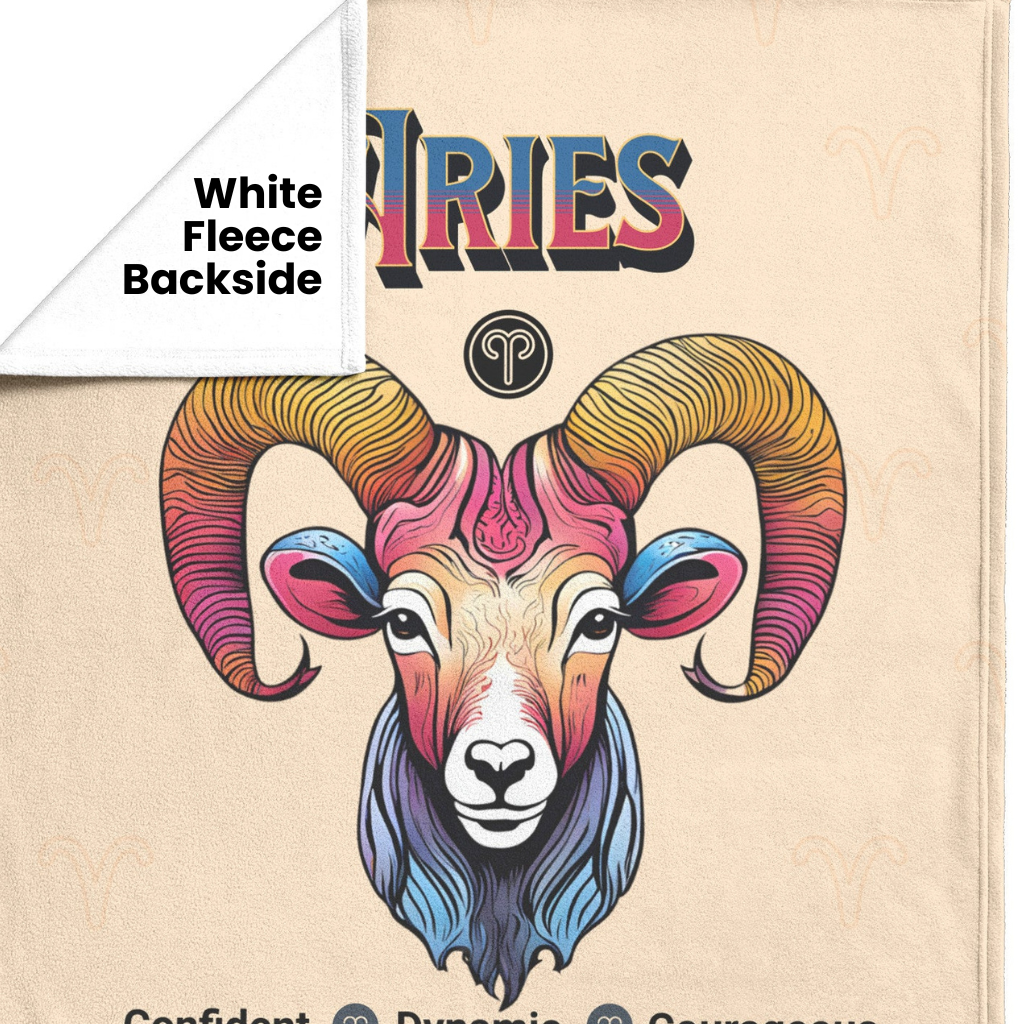Aries Personalized Fleece or Sherpa Blanket showing white fleece backside Mister Obtuse Eclectic Goods