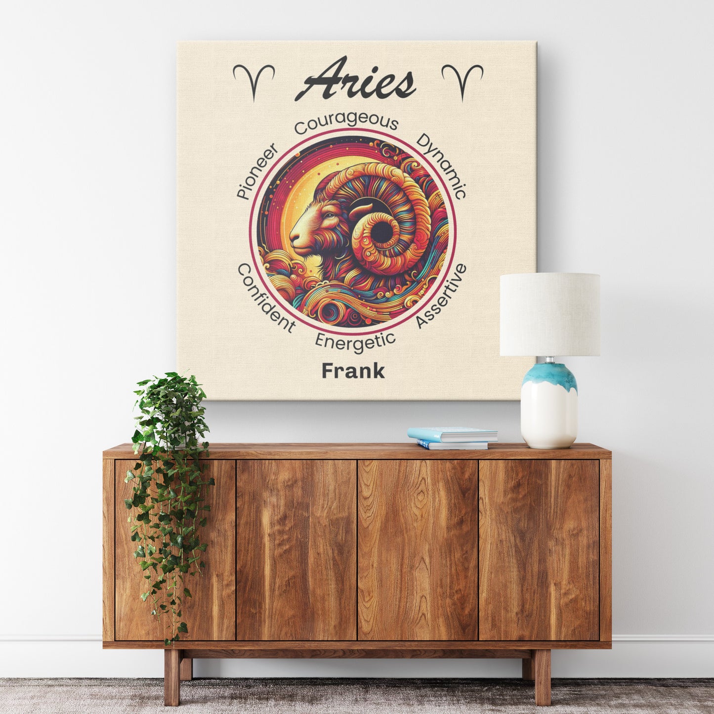 Aries Rising Personalized Square Canvas Wrap on wall above cabinet mister obtuse eclectic goods