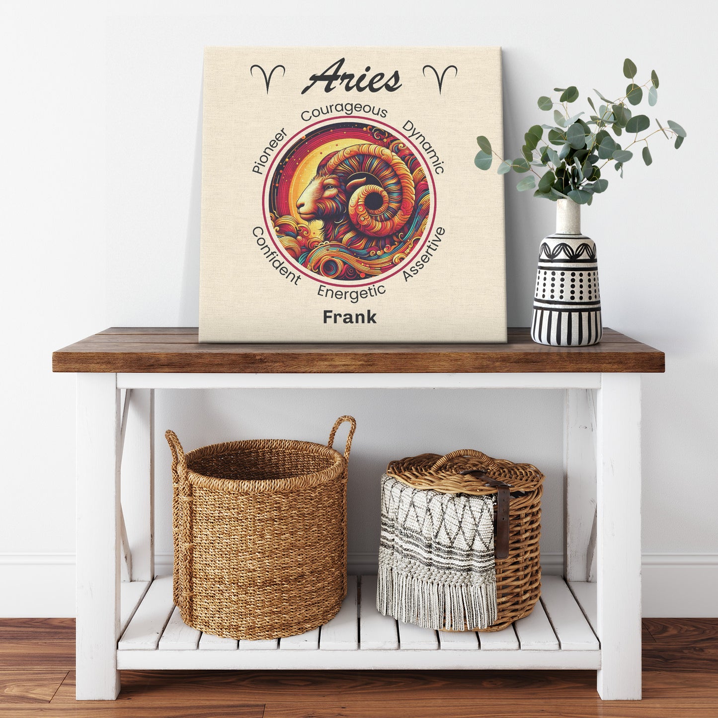 Aries Rising Personalized Square Canvas Wrap on cabinet shelf with plant mister obtuse eclectic goods