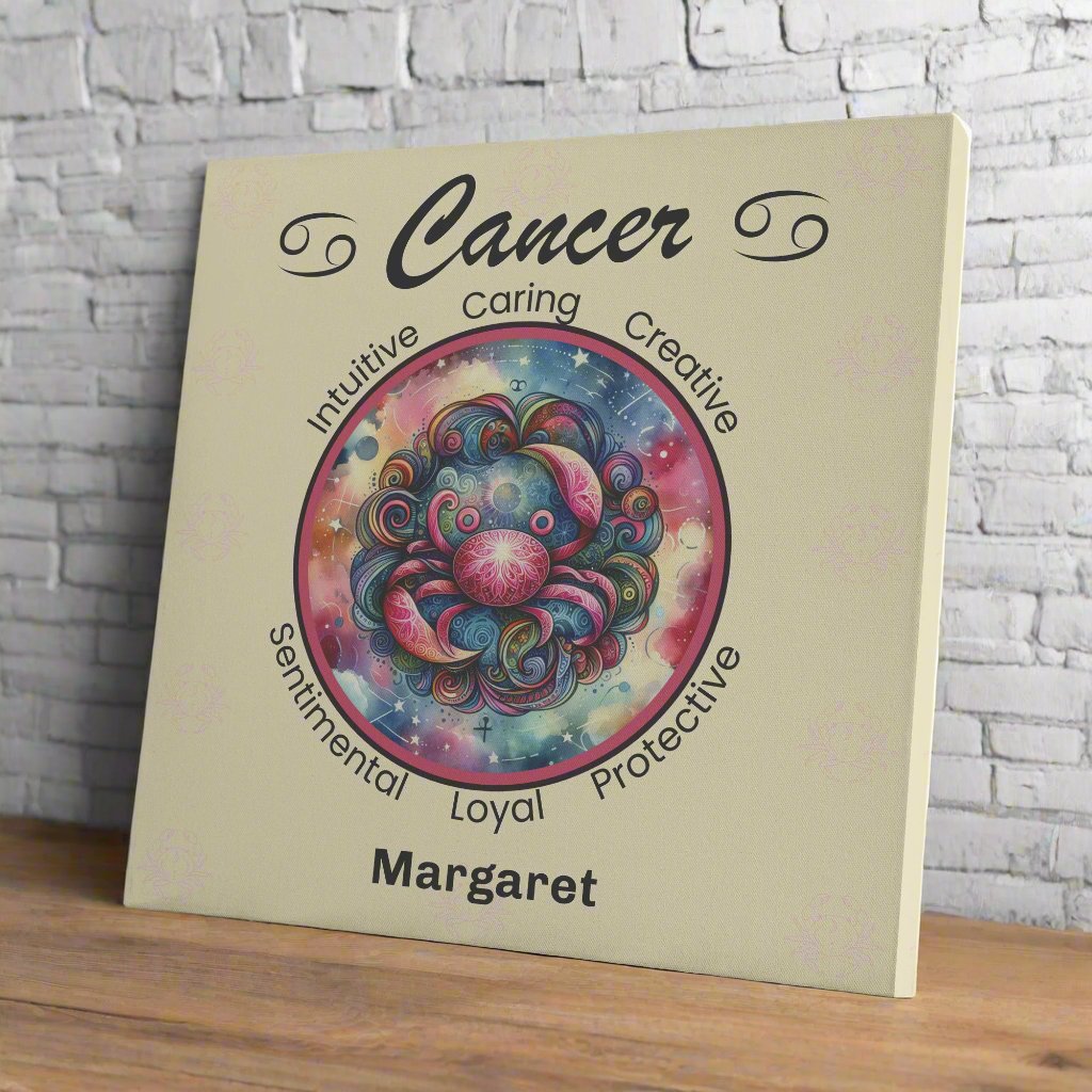 Cancer Cosmic Dreams personalized square canvas wrap resting on wood shelf and white brick wall mister obtuse eclectic goods