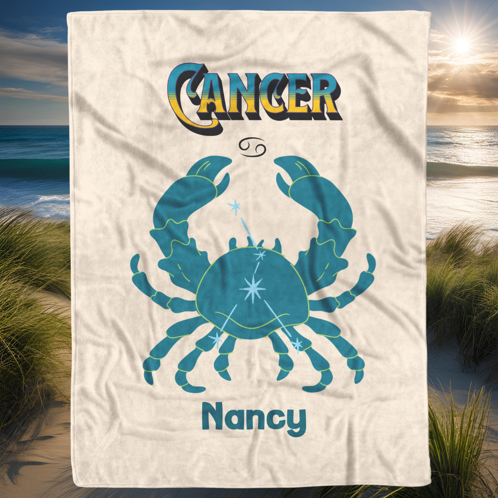 Cancer Minimalist Personalized Fleece or Sherpa Blanket with ocean view setting Mister Obtuse Eclectic Goods