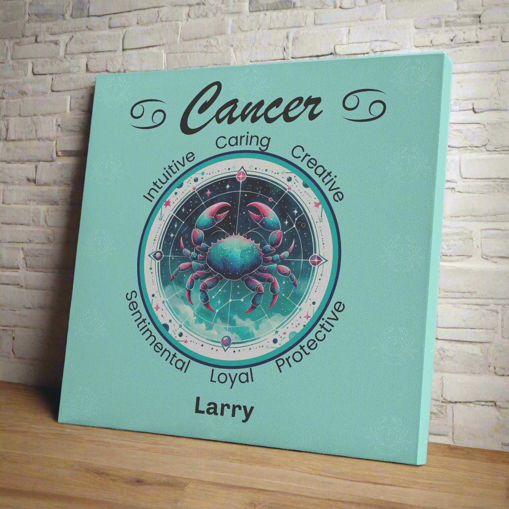 Cancer Navigator personalized square canvas Wrap on wood shelf with white brick wall mister obtuse eclectic goods
