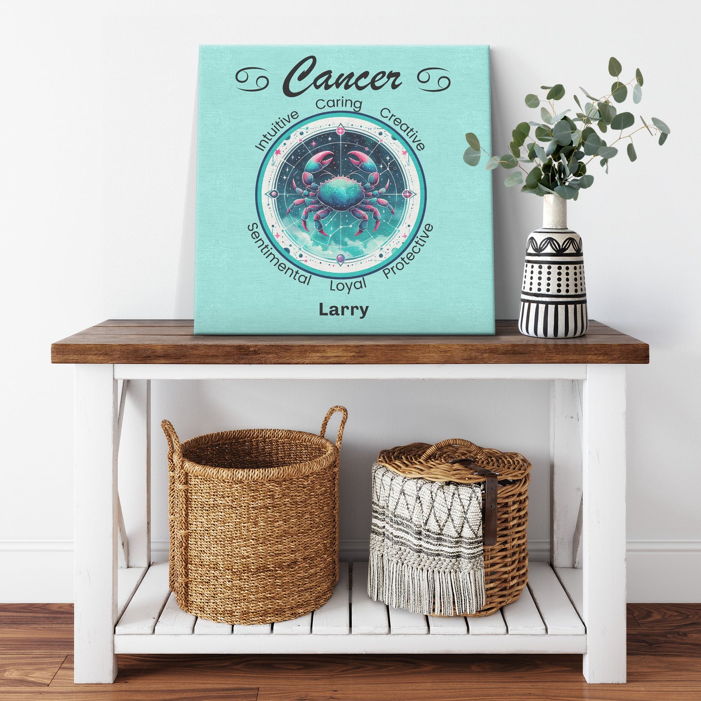 Cancer Navigator Personalized Square Canvas Wrap resting on shelf with plant mister obtuse eclectic goods