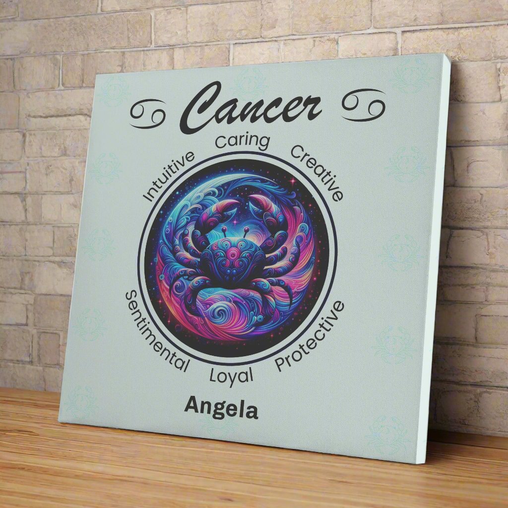 Cancer Night Sky Personalized Square Canvas Wrap on wood shelf with white brick wall mister obtuse eclectic goods