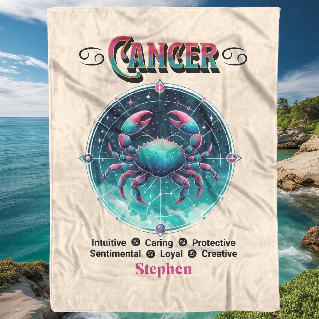 Cancer Personalized Fleece or Sherpa Blanket with oceanview setting Mister Obtuse Eclectic Goods