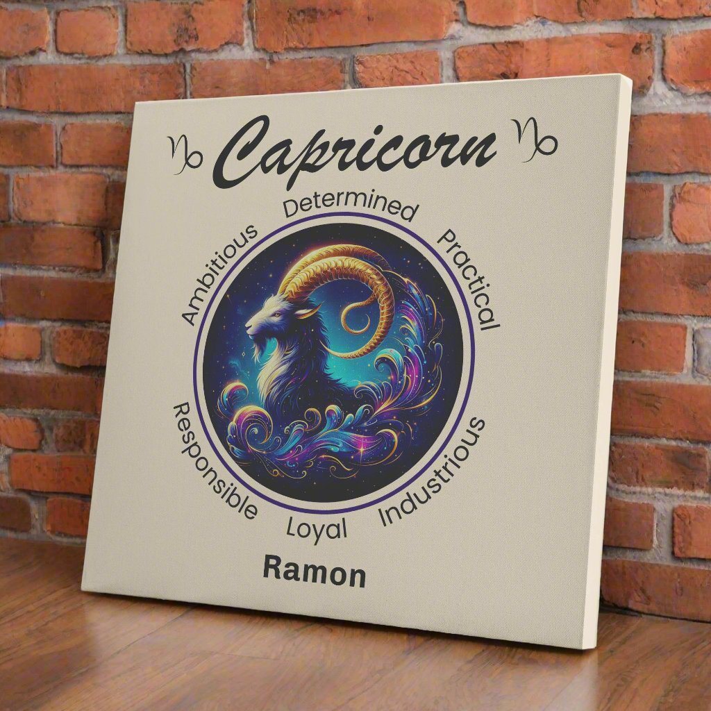 Capricorn celestial ambition personalized canvas on wooden shelf with red brick wall mister obtuse eclectic goods