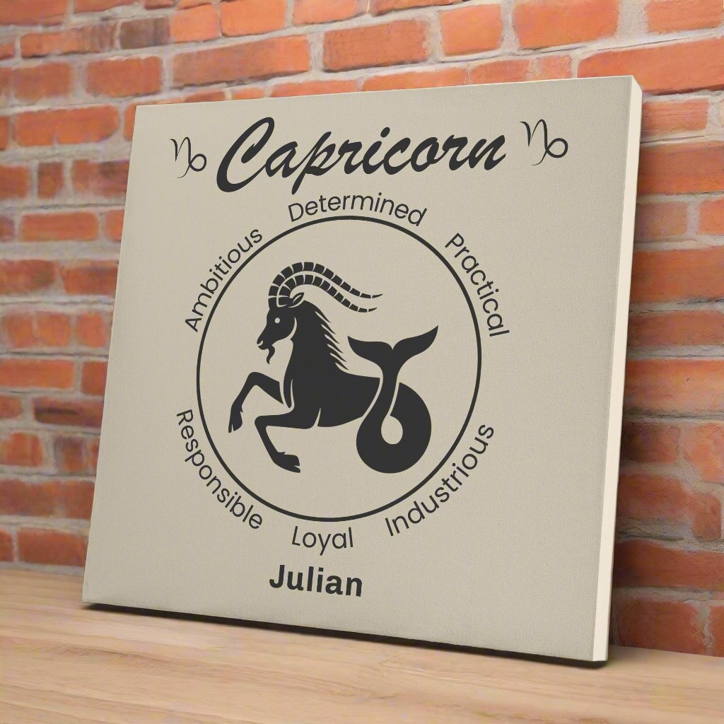 Capricorn Minimalist personalized canvas on wooden shelf with red brick wall mister obtuse eclectic goods