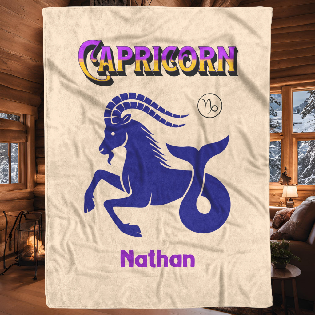 Capricorn Minimalist Personalized Fleece or Sherpa Blanket in log cabin setting Mister Obtuse Eclectic Goods
