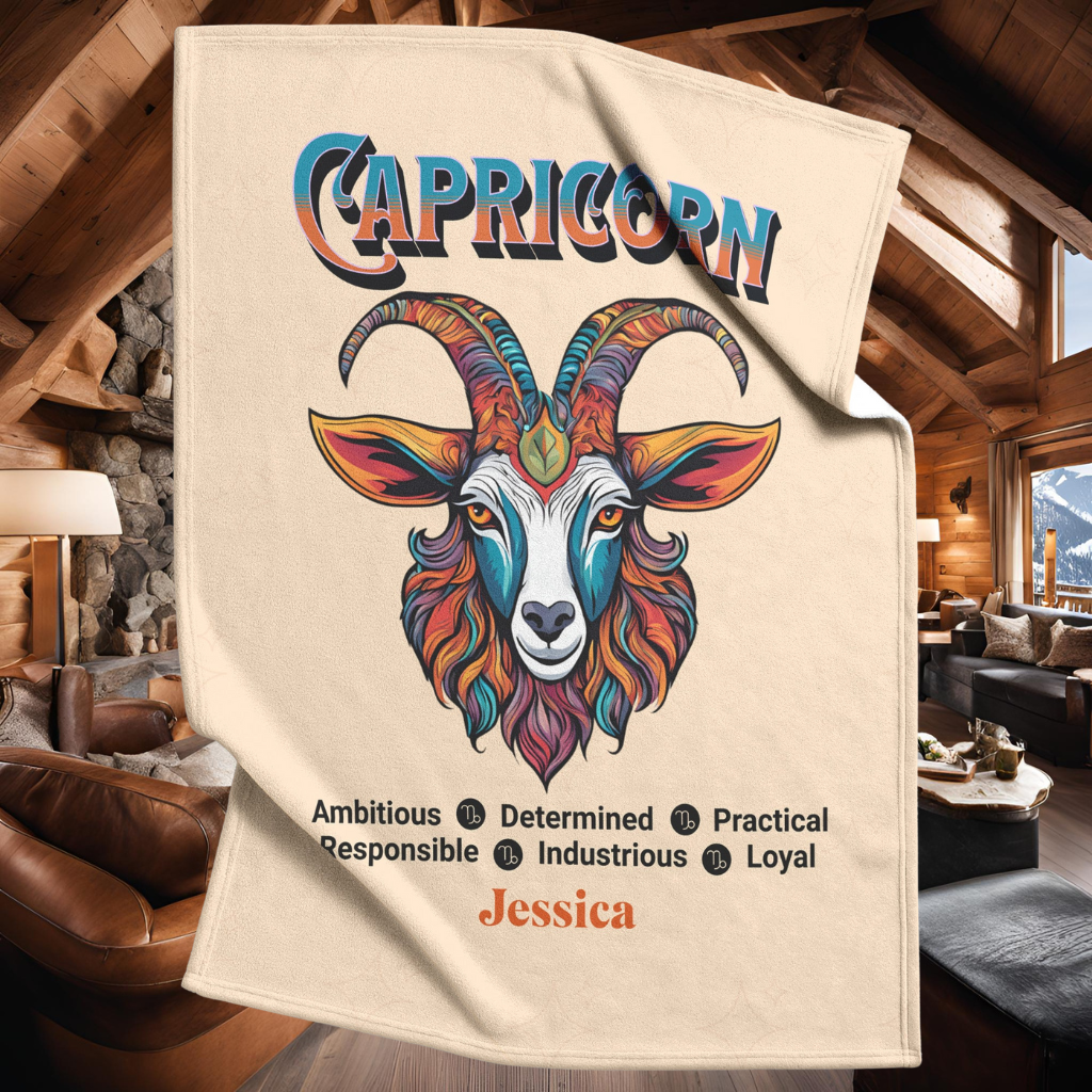Capricorn Personalized Fleece or Sherpa Blanket in log cabin setting Mister Obtuse Eclectic Goods