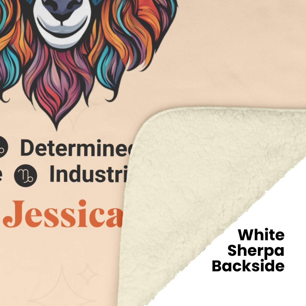 Capricorn Personalized Fleece or Sherpa Blanket showing sherpa backside Mister Obtuse Eclectic Goods