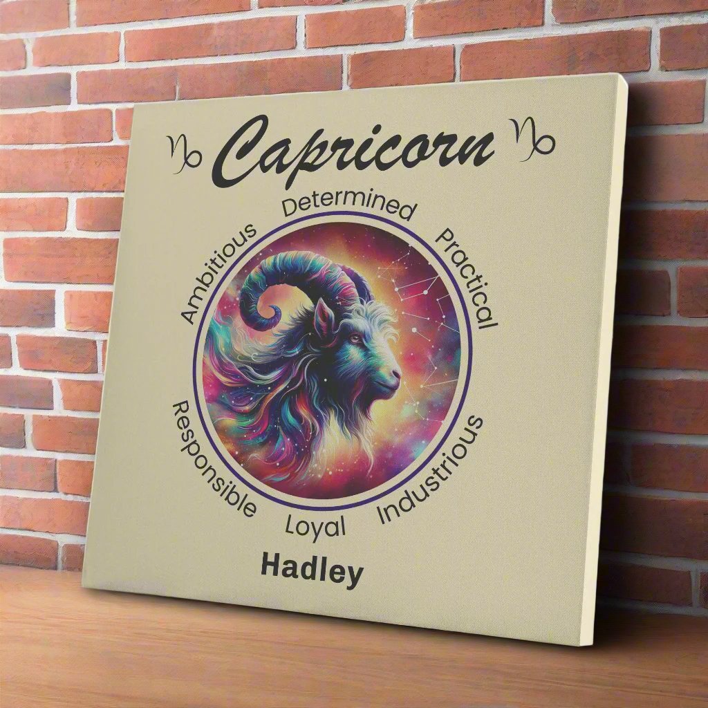 Capricorn stardust personalized canvas on wooden shelf with red brick wall mister obtuse eclectic goods