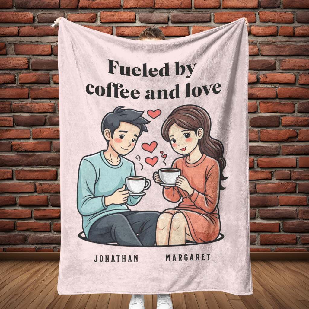 Fueled by coffee and love fleece or sherpa personalized blanket full length mister obtuse eclectic goods