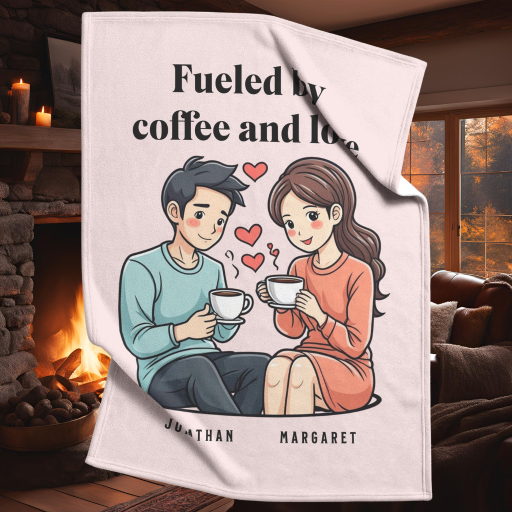 Fueled by coffee and love fleece or sherpa personalized blanket living room setting mister obtuse eclectic goods