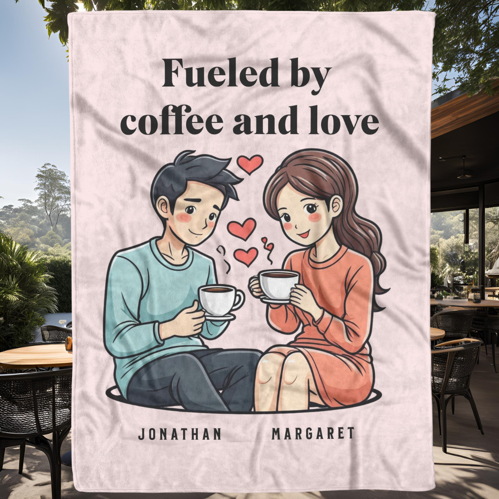 Fueled by coffee and love fleece or sherpa personalized blanket outdoor cafe setting mister obtuse eclectic goods