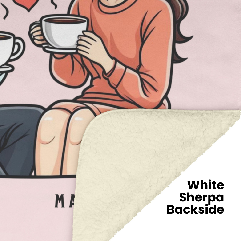 Fueled by coffee and love fleece or sherpa personalized blanket showing white sherpa backside mister obtuse eclectic goods