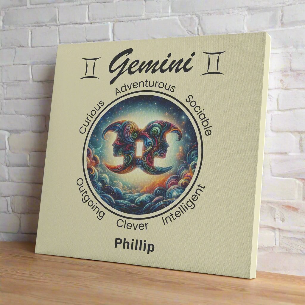 Gemini A Star is Born personalized canvas wrap on shelf with white brick wall mister obtuse eclectic goods