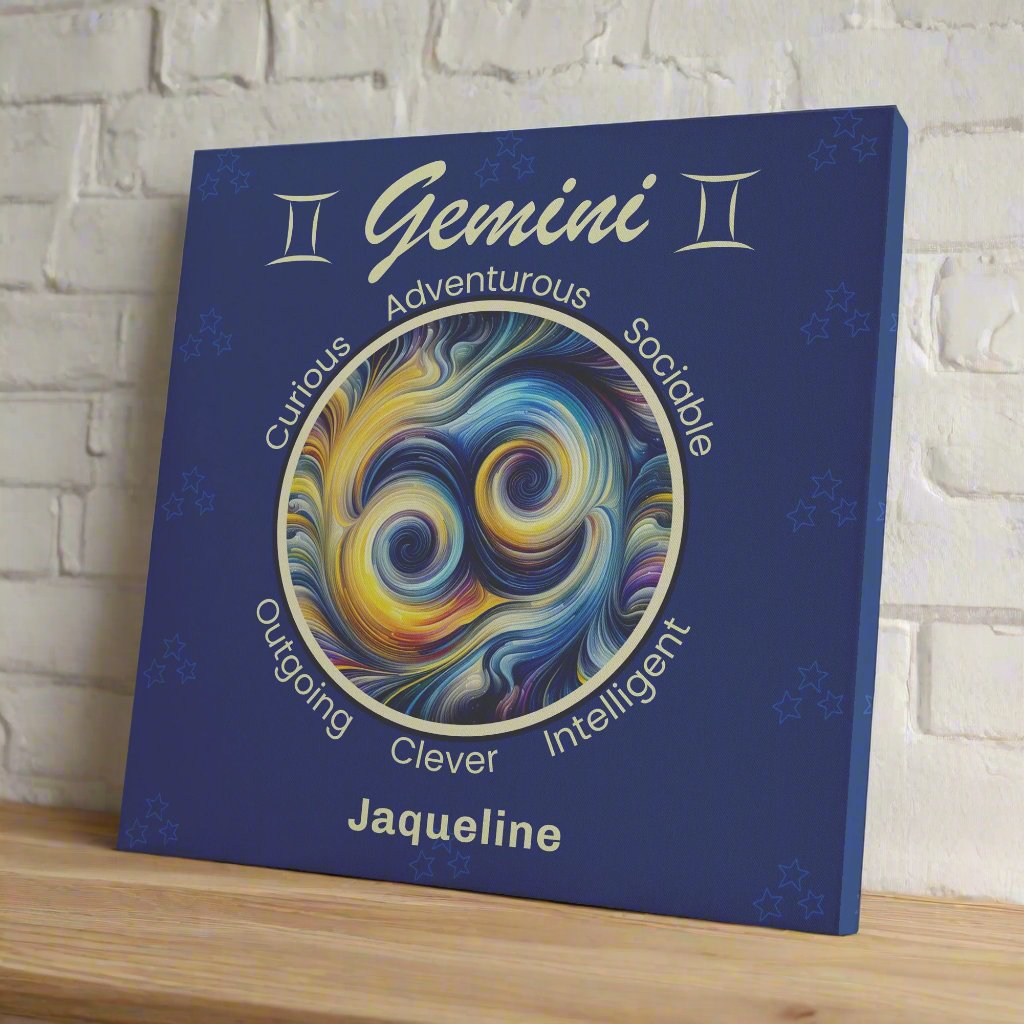 Gemini abstract personalized square canvas resting on shelf with white brick wall