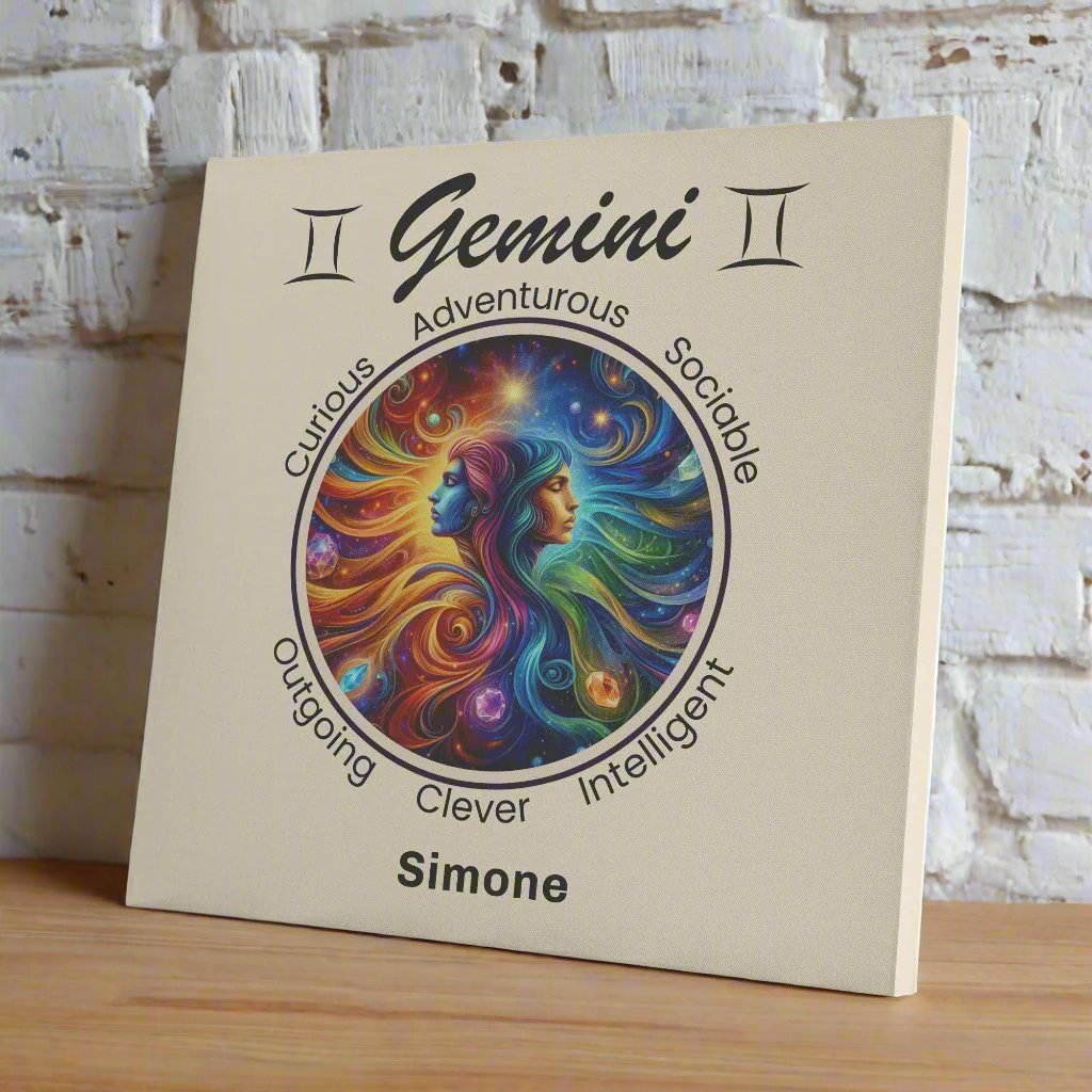 Gemini double trouble personalized square canvas print on wood shelf on white brick wall
