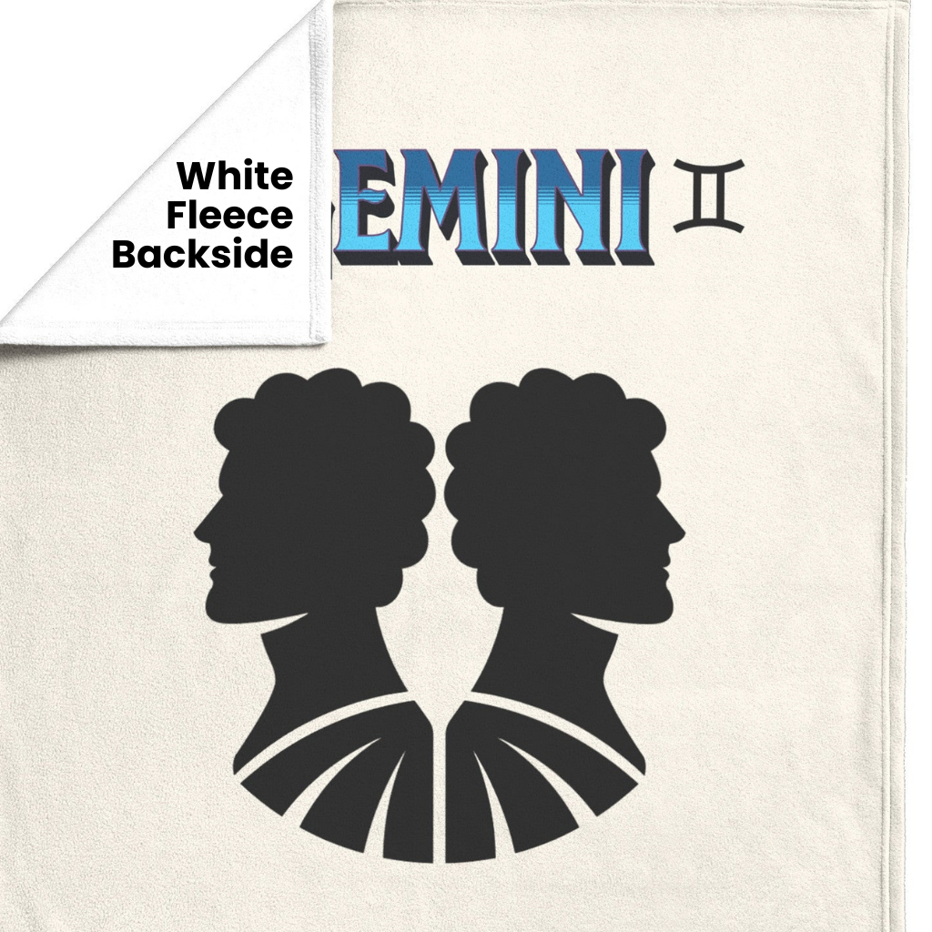 Gemini Minimalist Personalized Fleece or Sherpa Blanket showing white fleece backside Mister Obtuse Eclectic Goods