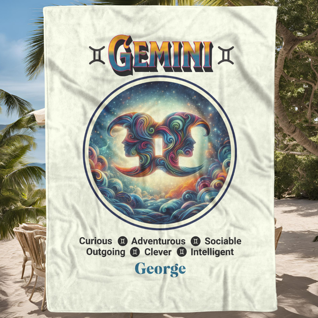 Gemini Personalized Fleece or Sherpa Blanket beach setting Mister Obtuse Eclectic Goods
