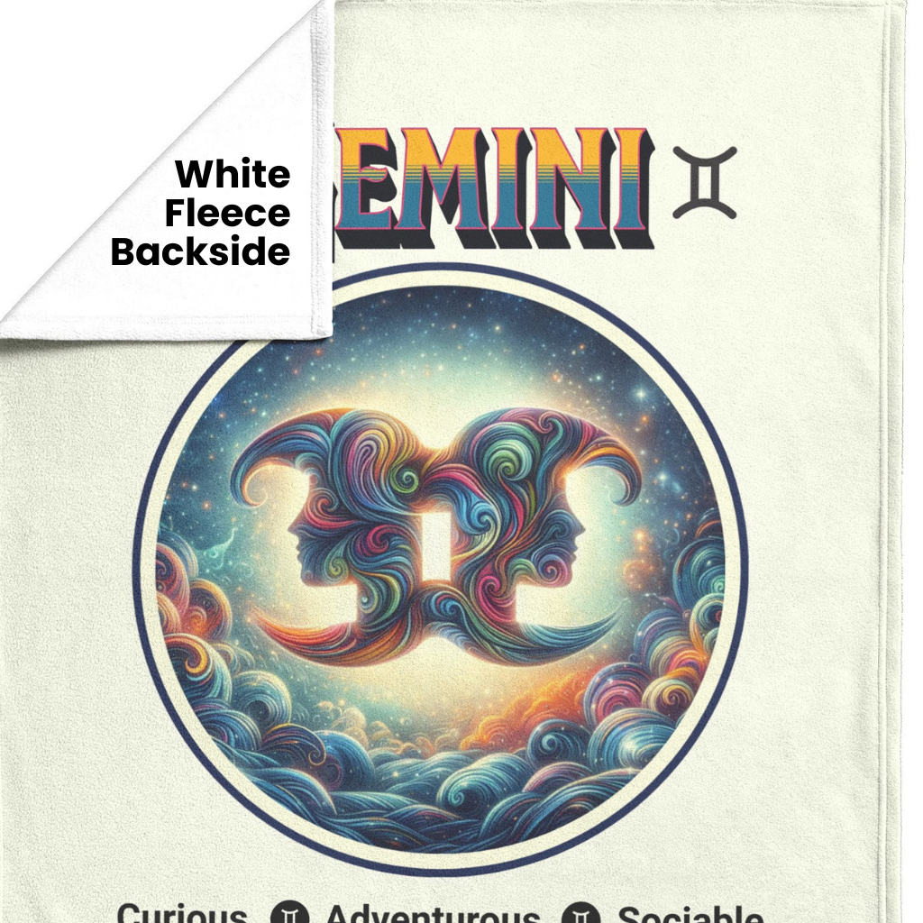 Gemini Personalized Fleece or Sherpa Blanket showing white fleece backside Mister Obtuse Eclectic Goods