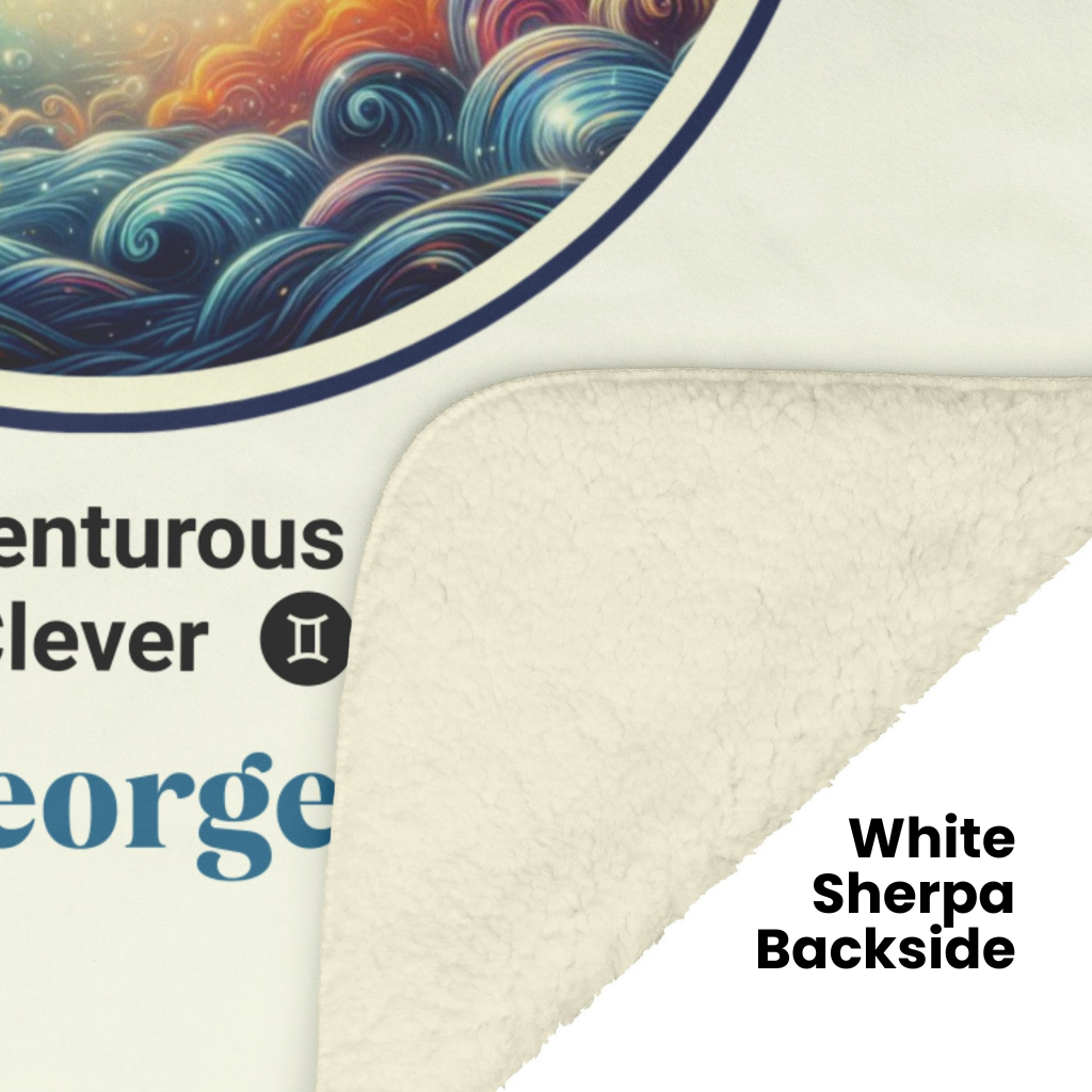 Gemini Personalized Fleece or Sherpa Blanket showing white sherpa backside Mister Obtuse Eclectic Goods
