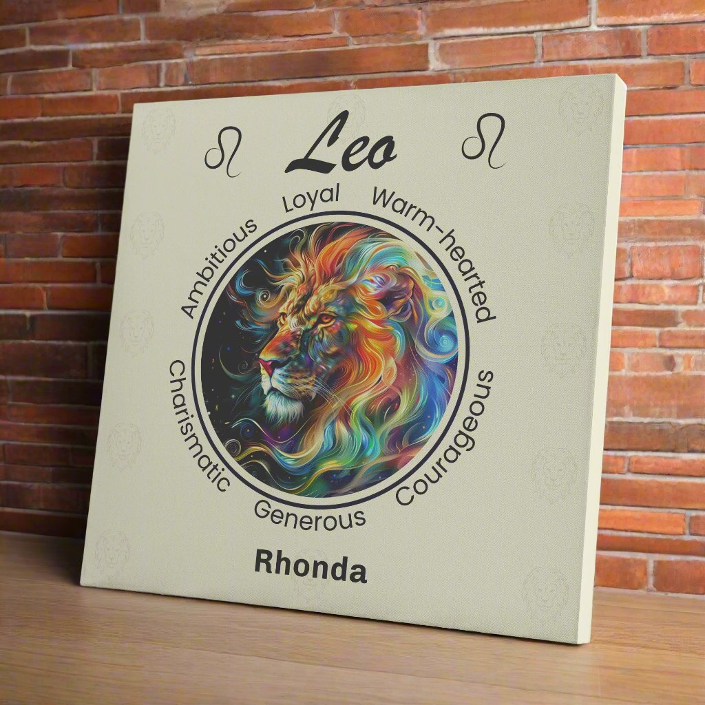 Leo in flames personalized canvas on wooden shelf with reddish brown brick wall mister obtuse eclectic goods