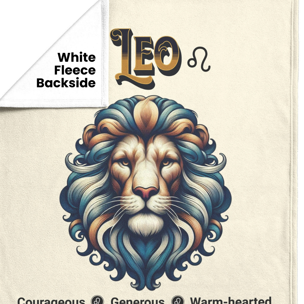 Leo Personalized Fleece or Sherpa Blanket showing white fleece backside Mister Obtuse Eclectic Goods