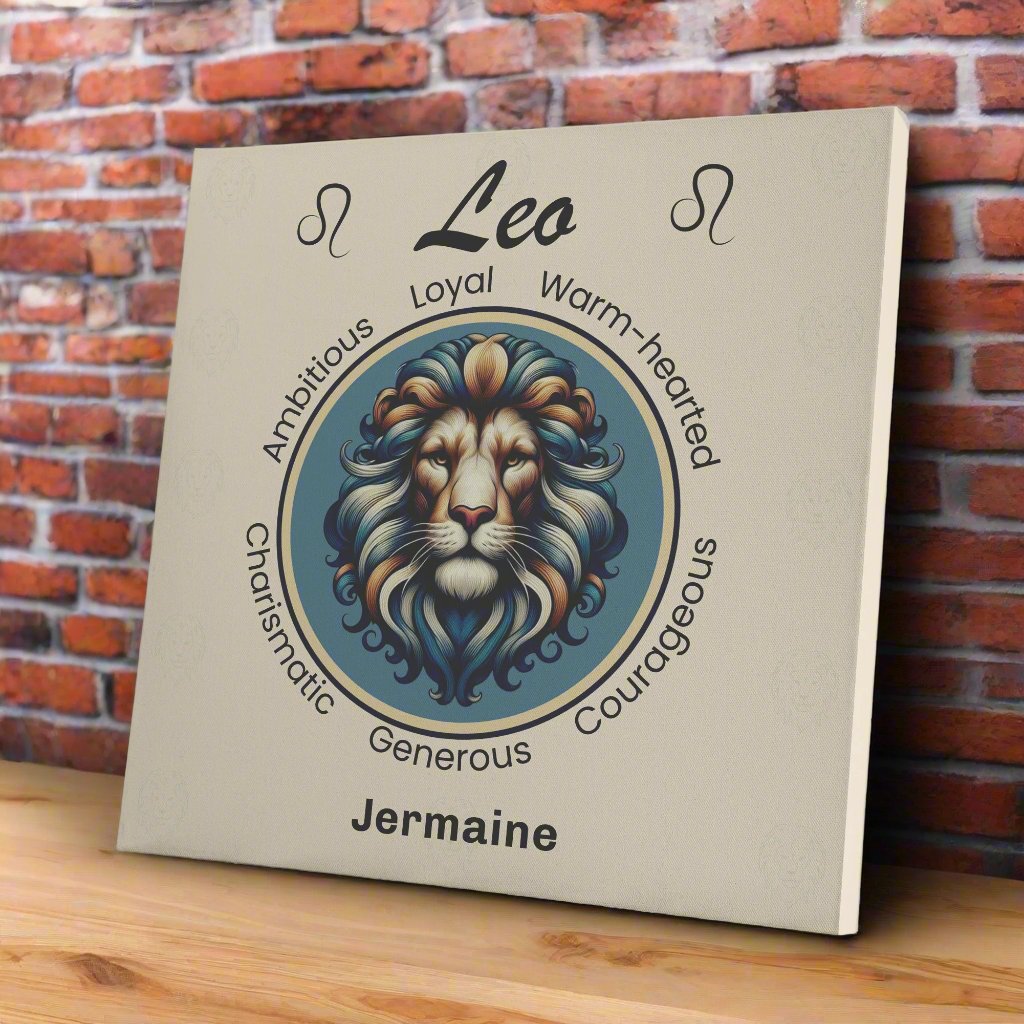 Leo royalty cream personalized canvas print on wooden shelf with red brick wall mister obtuse eclectic goods