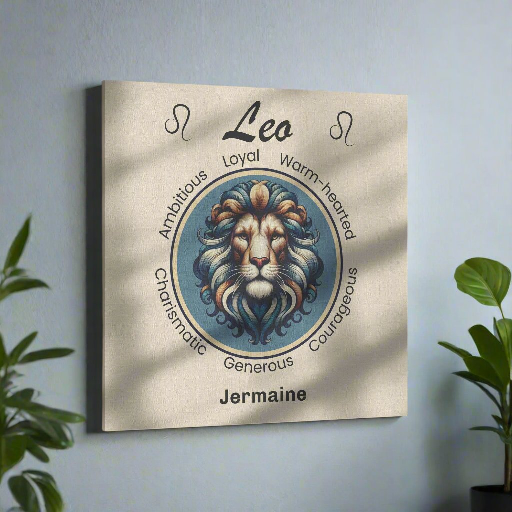 Leo Royalty Cream Personalized Square Canvas Wrap on wall surrounded by plants mister obtuse eclectic goods