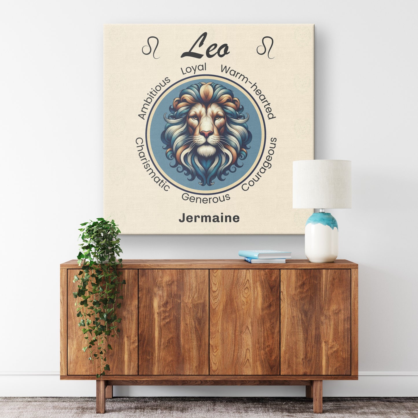 Leo Royalty Cream Personalized Square Canvas Wrap on wall above cabinet mister obtuse eclectic goods