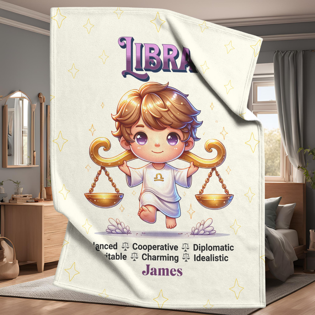 Libra Boy Personalized Fleece or Sherpa Blanket in a bedroom room scene Mister Obtuse Eclectic Goods