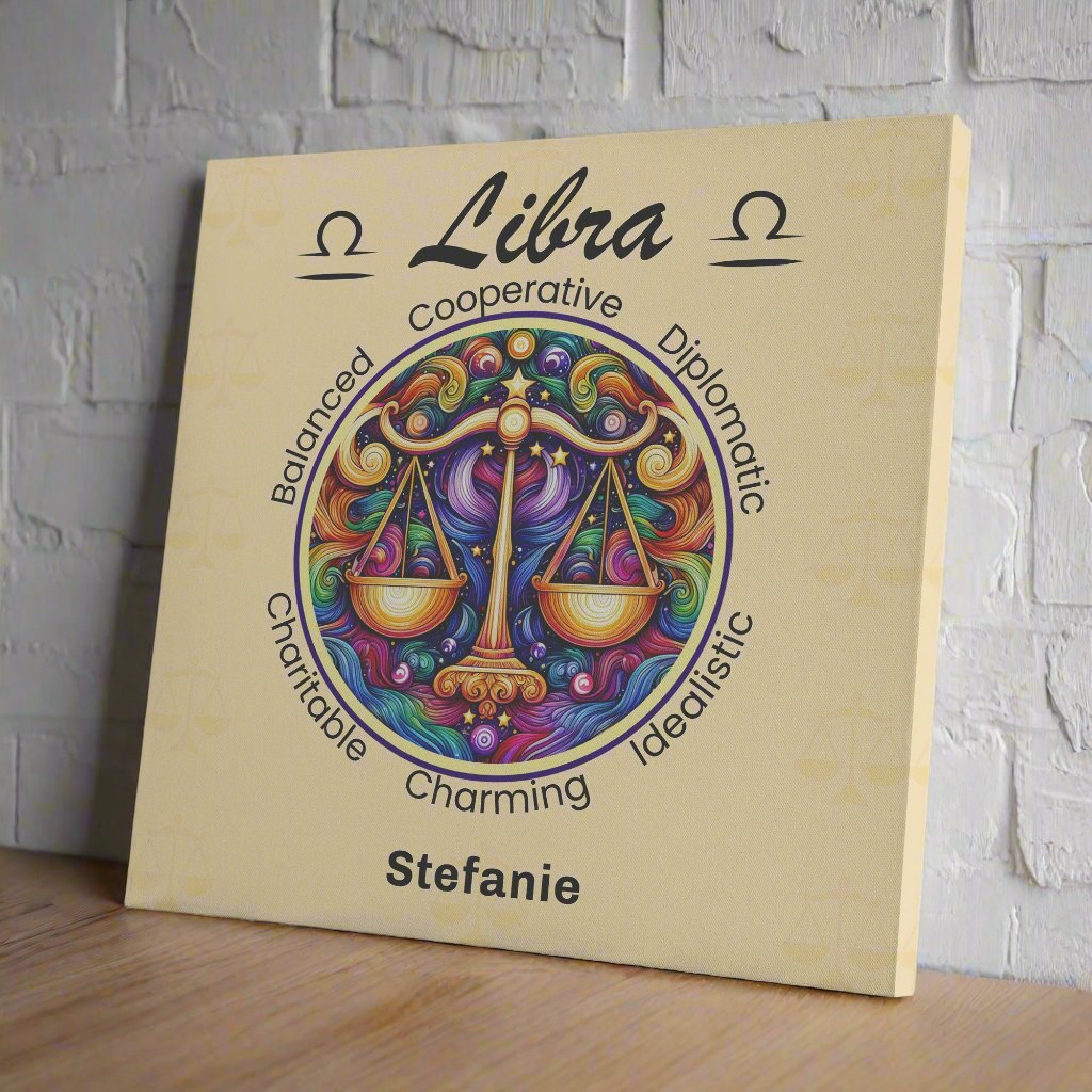Libra Radiant Fun Personalized Square Canvas Wrap resting against white brick wall mister obtuse eclectic goods