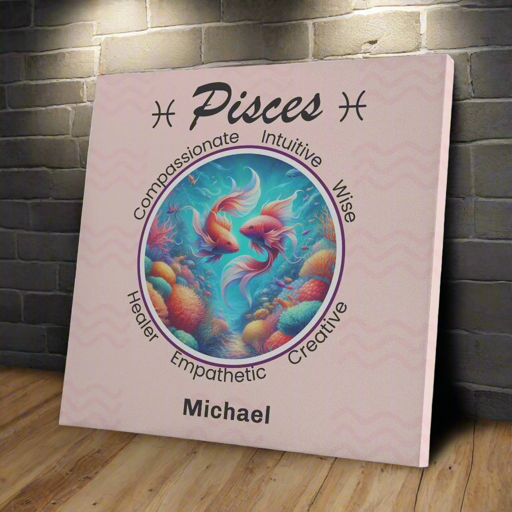 Pisces Coral Dreams Square Canvas Wrap resting against grey brick wall with spotlight Mister Obtuse Eclectic Goods