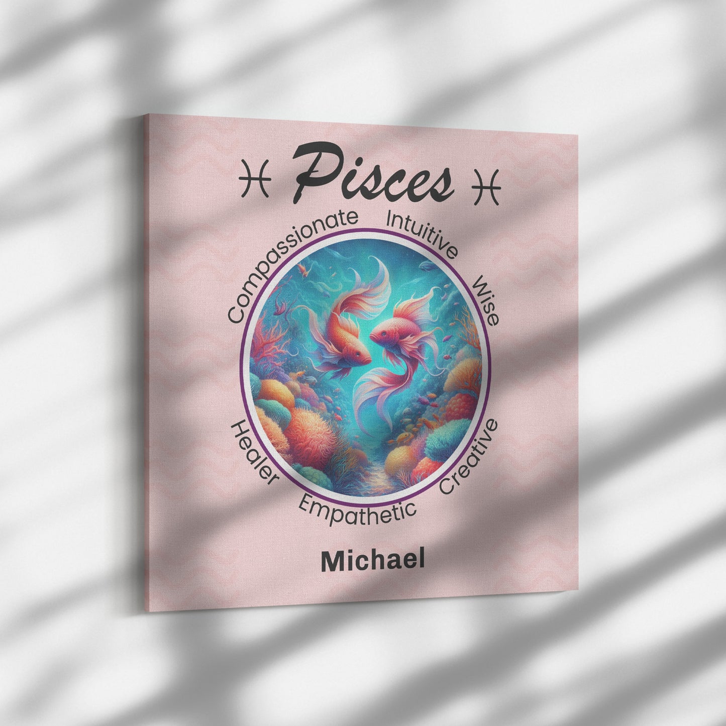 Pisces Coral Dreams Square Canvas Wrap hanging on white wall Mister Obtuse Eclectic Goods