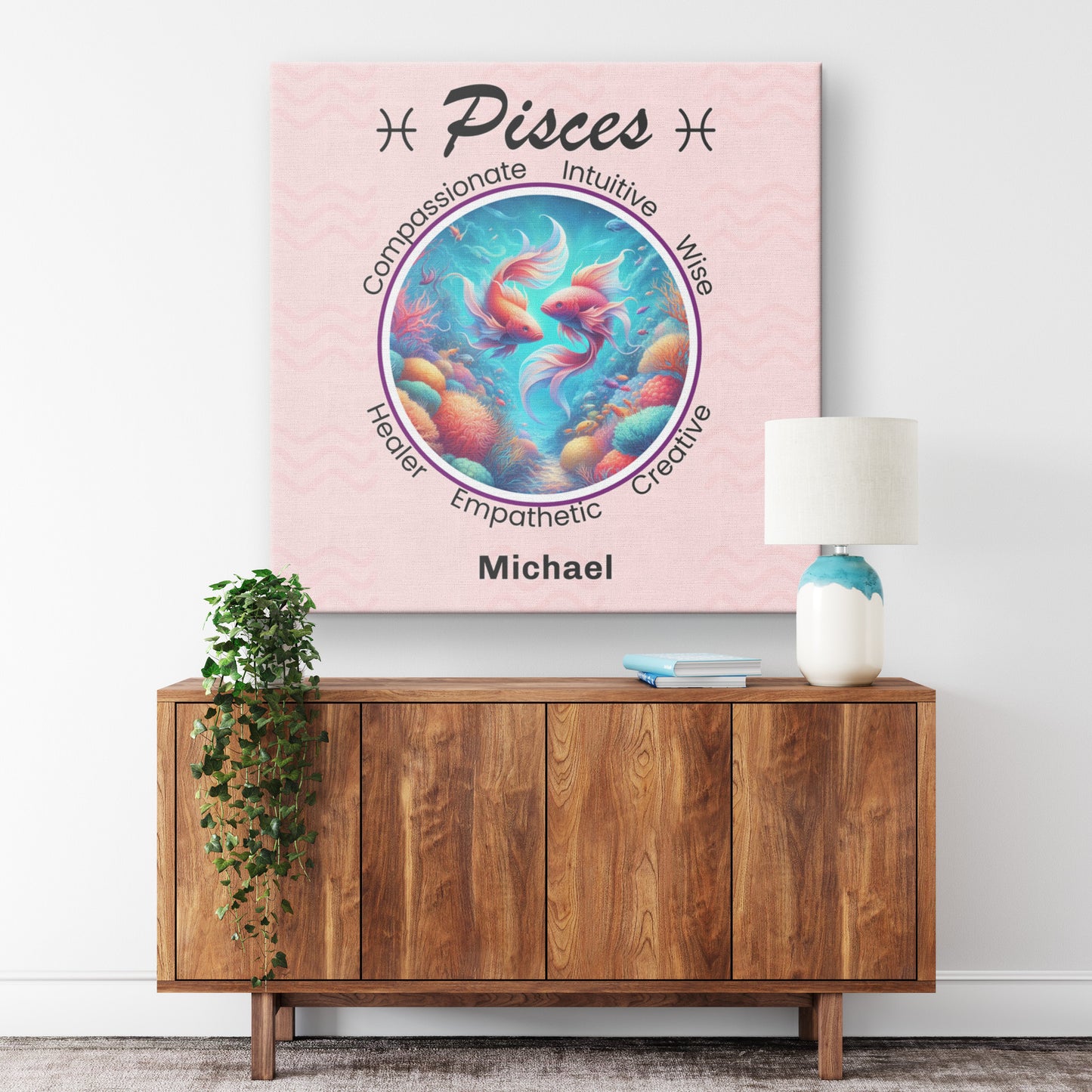 Pisces Coral Dreams Square Canvas Wrap on wall above credenza Mister Obtuse Eclectic Goods