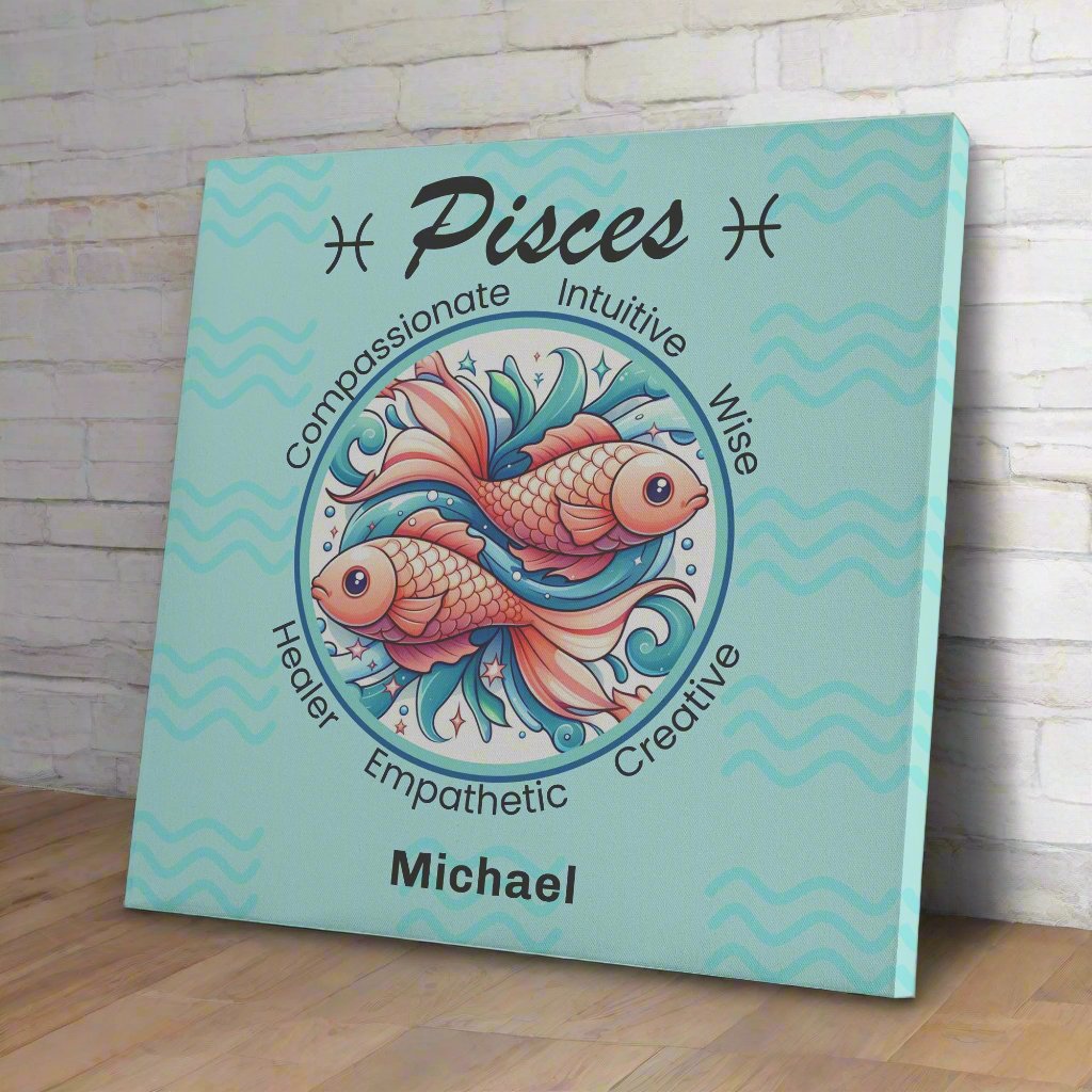 Pisces Fancy Square Canvas Wrap resting against a white brick wall Mister Obtuse Eclectic Goods