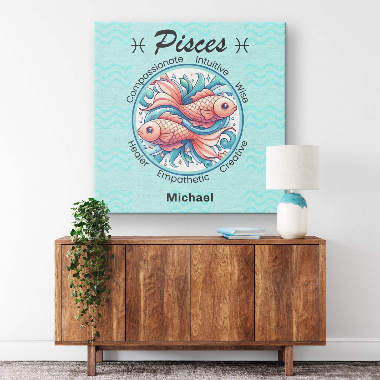 Pisces Fancy Square Canvas Wrap on wall above a credenza Mister Obtuse Eclectic Goods